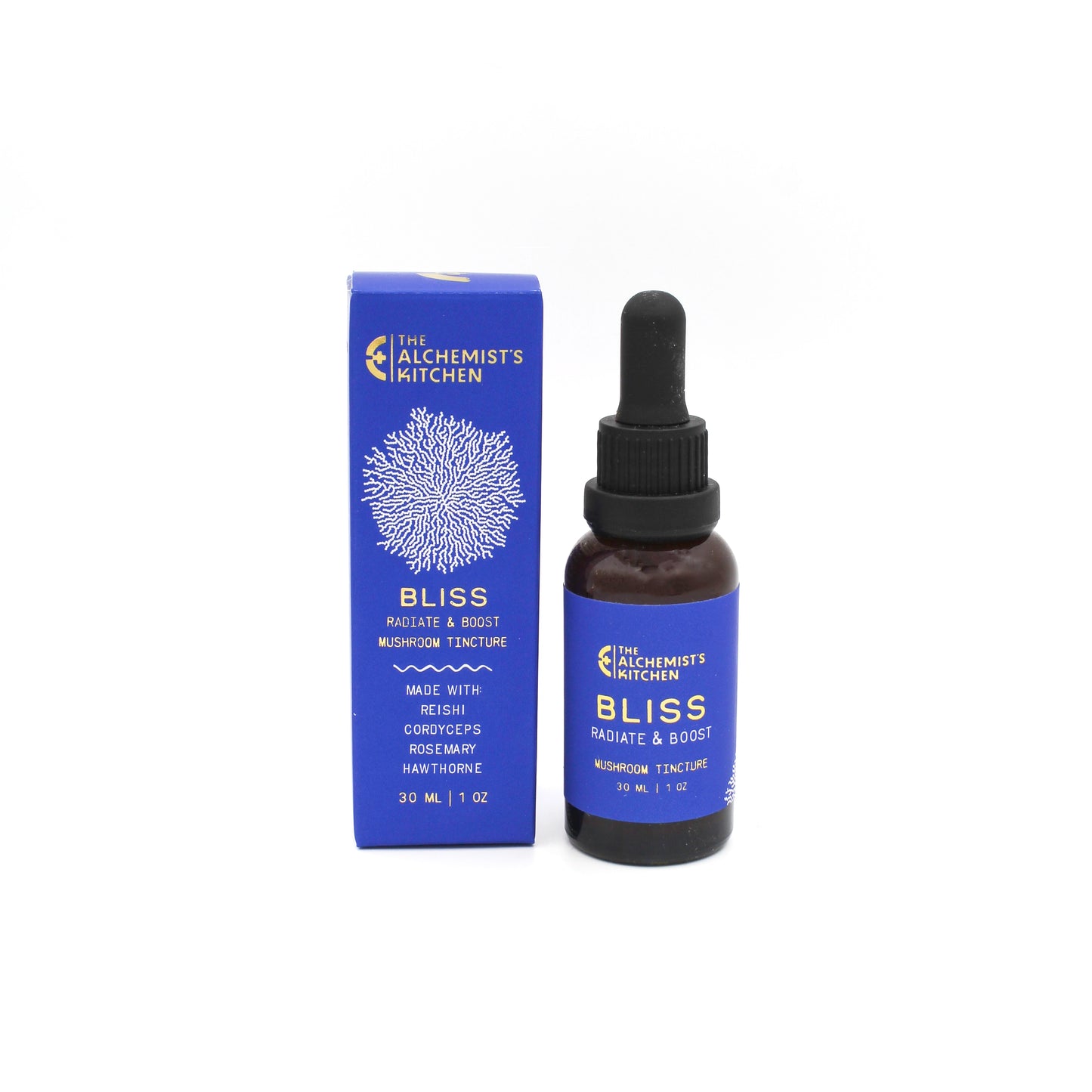 Bliss Spagyric Tincture bottle by The Alchemist’s Kitchen with Reishi and Hawthorn Berry for emotional balance