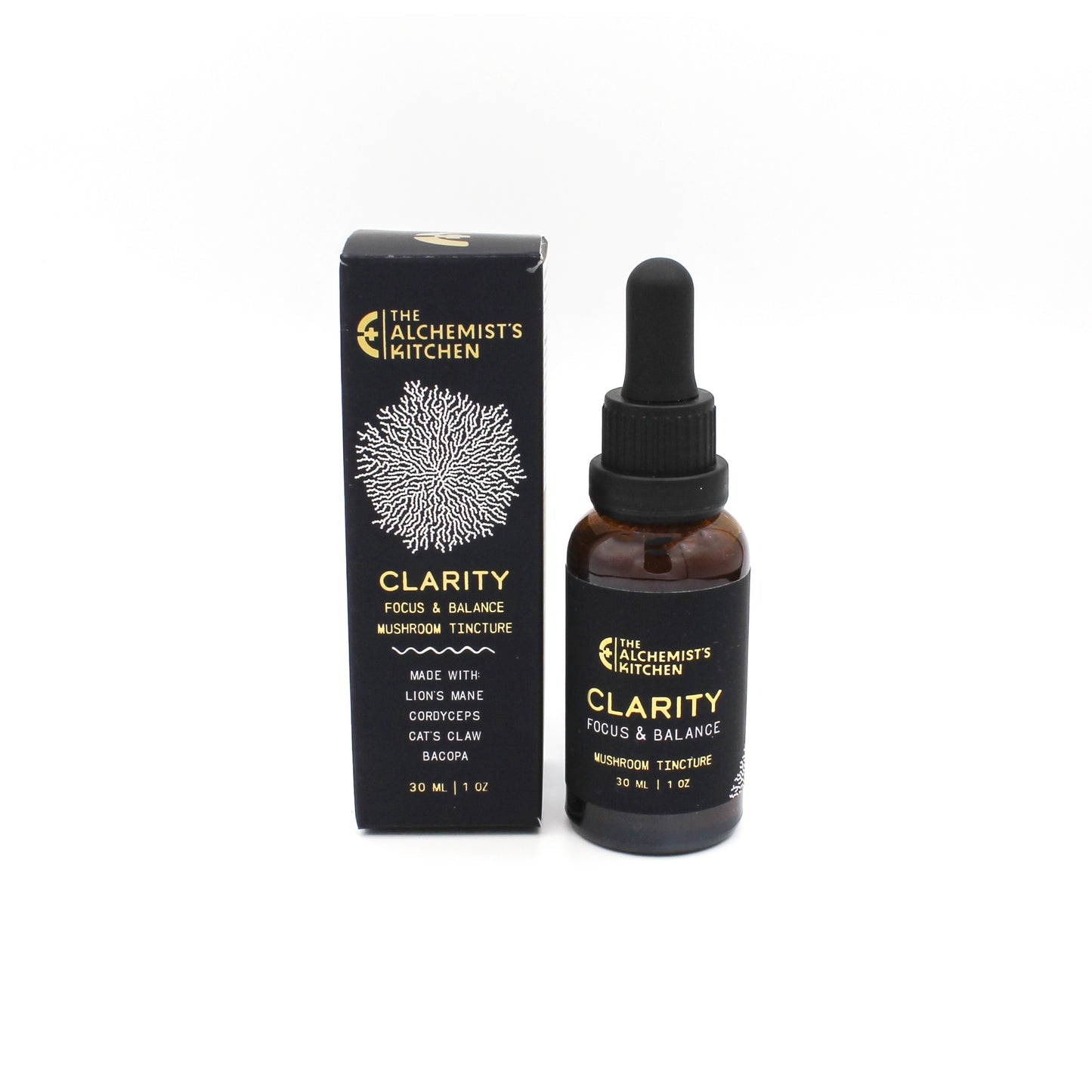 Clarity Mushroom Tincture bottle with Lion's Mane and Cordyceps for cognitive focus and brain fog relief.