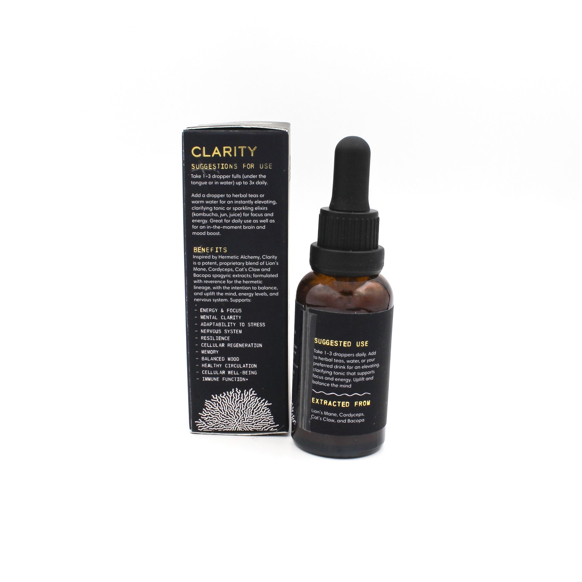 Adding a dropper of Clarity herbal extract to a morning drink for natural energy and mental sharpness