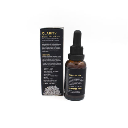 Adding a dropper of Clarity herbal extract to a morning drink for natural energy and mental sharpness