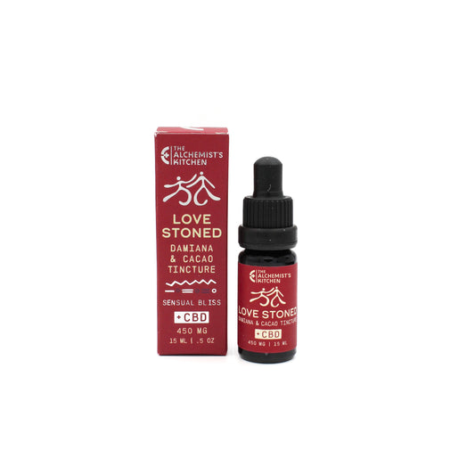 Love Stoned herbal aphrodisiac drops with CBD, Cacao, and Rose for natural libido support.