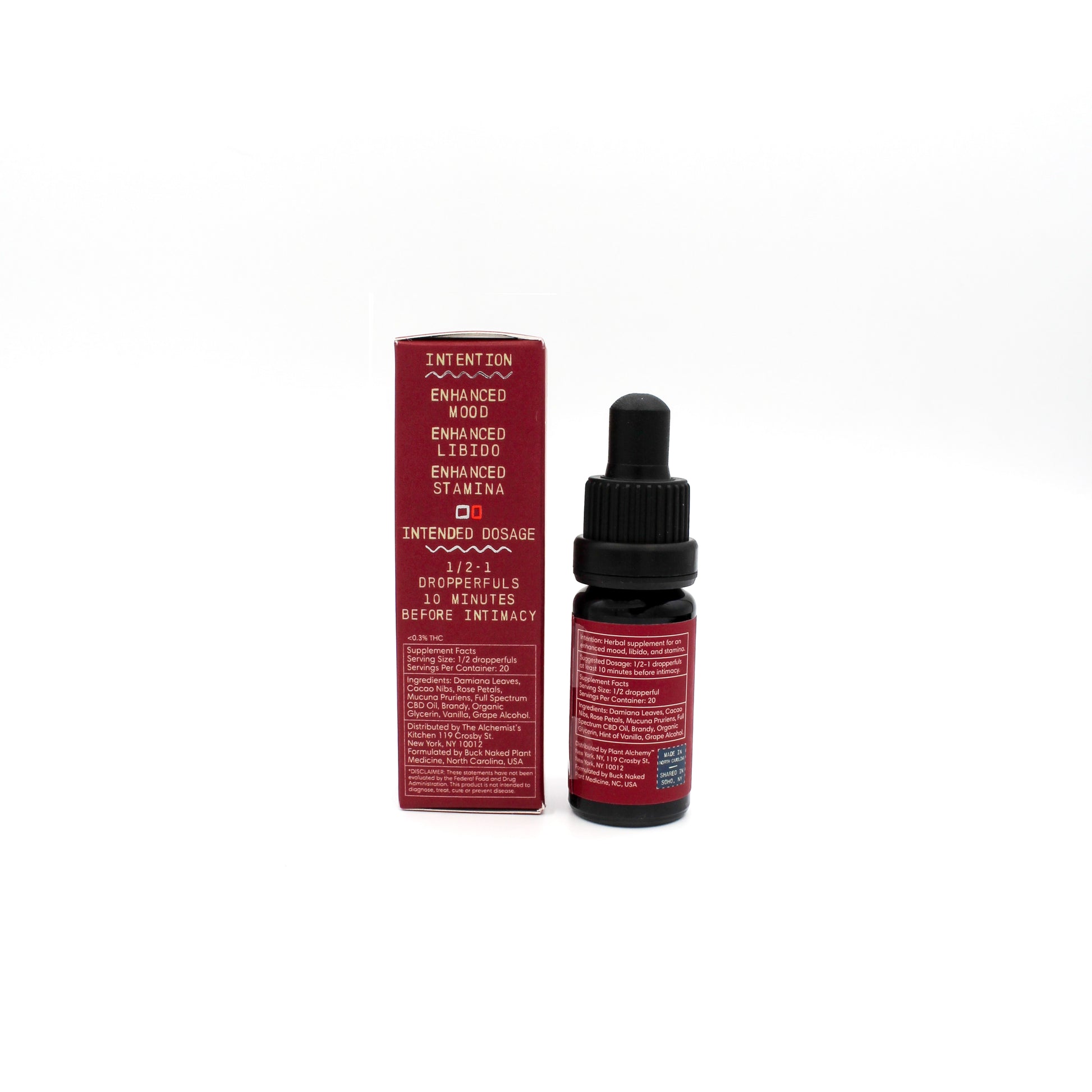 Clear herbal tincture drops containing organic Damiana and Mucuna for mood enhancement.